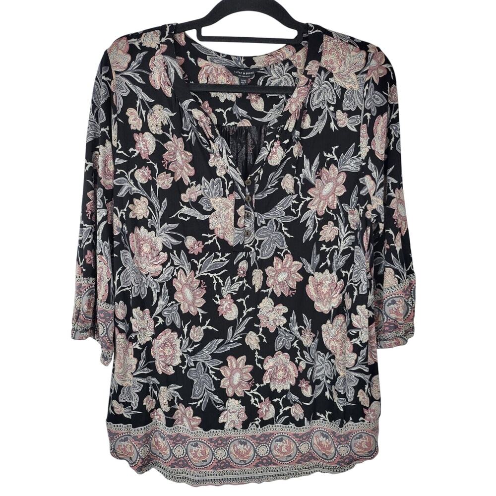 Lucky Brand Blouse 1X‎ Womens Plus Size Multicolor Floral 3/4 Sleeve Pullover